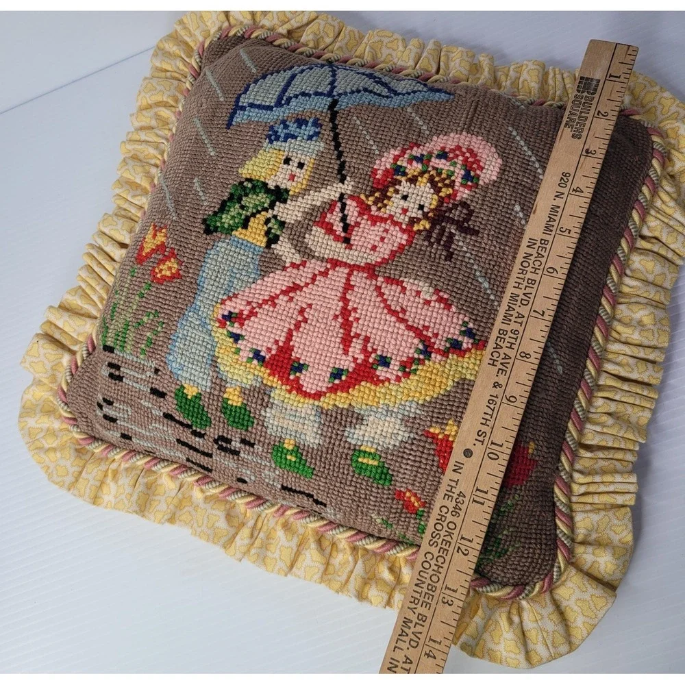 Vintage 2 Girls with Umbrella Needlepoint Pillow 13